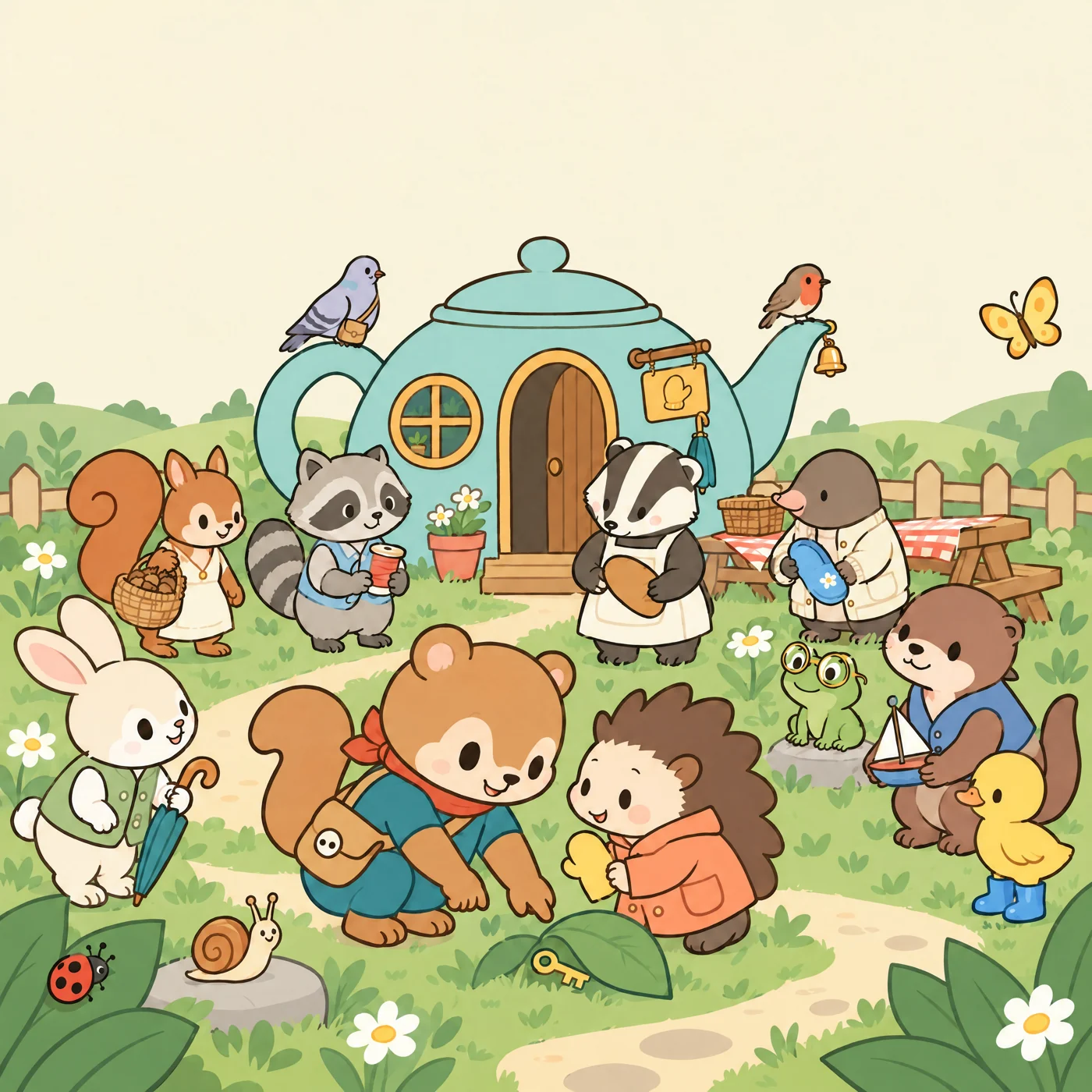 Tiko and all his friends discovering a little golden key outside the teapot office