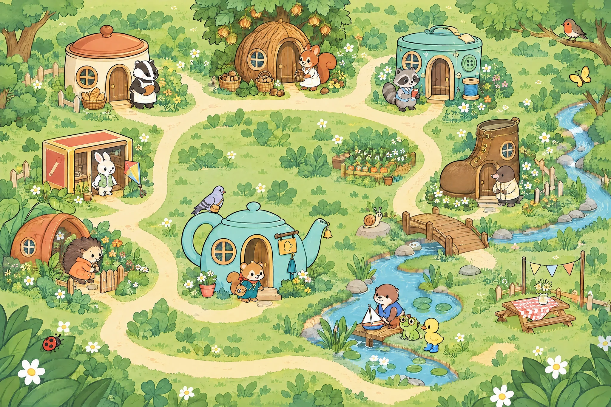 A garden village with homes made from a teapot, a flowerpot, a matchbox, a biscuit tin, a walnut, a sewing tin and a boot